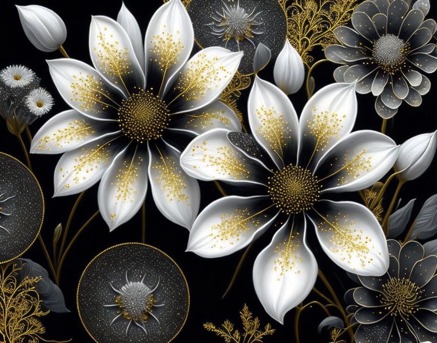 Luxurious White and Dark Floral Artwork with Gold Accents