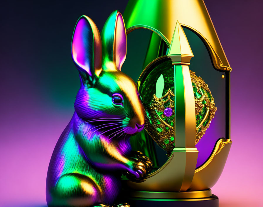 Colorful metallic iridescent rabbit with lantern on gradient background