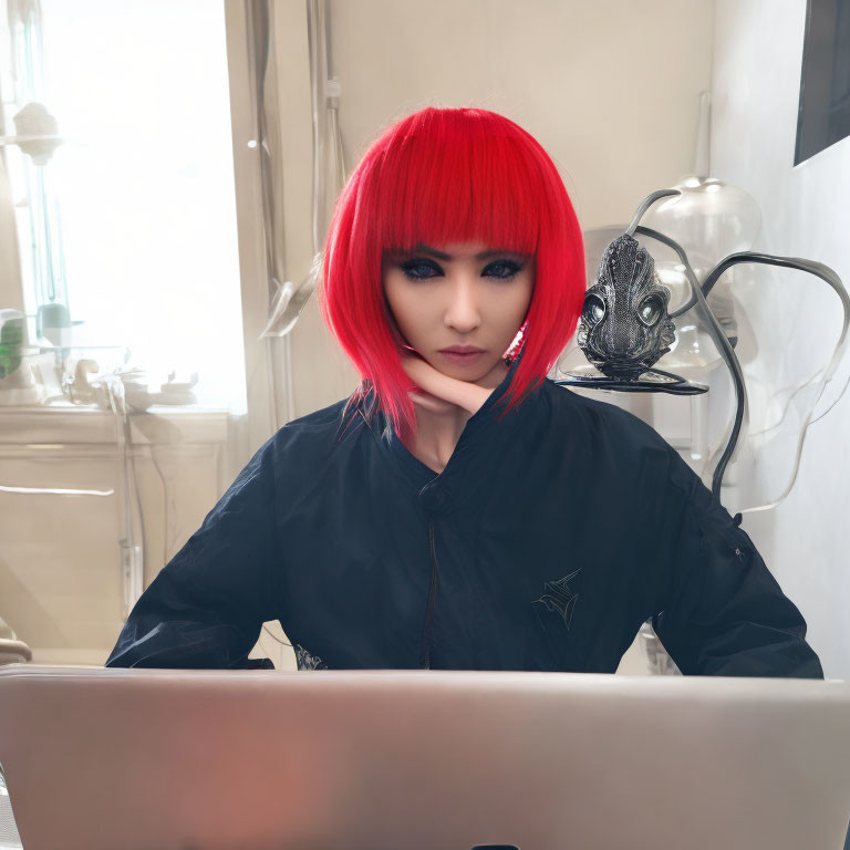 Person with Bright Red Hair in Dark Clothing Using Laptop with Headphones