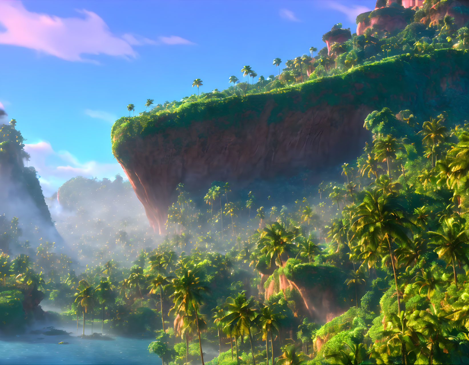 Tropical paradise with cliff, jungle, sun rays, mist, and river