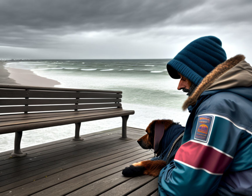 Person and dog in warm clothing on bench by stormy sea