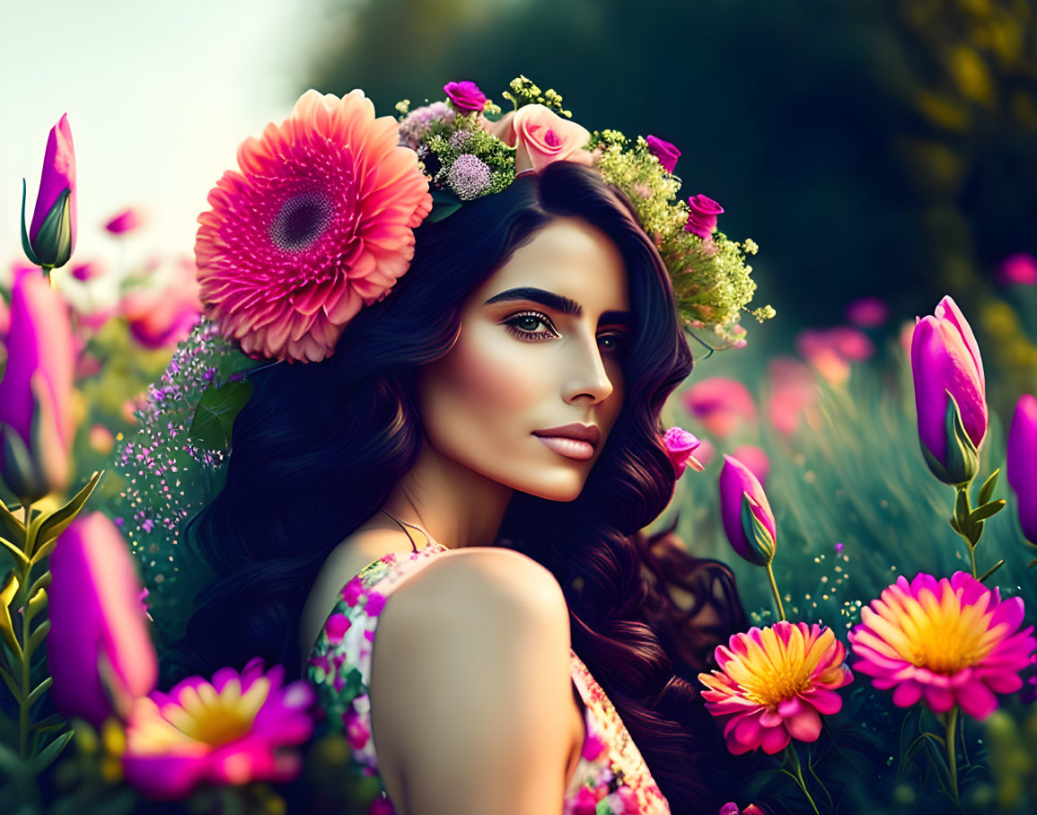 Woman in floral crown and dress surrounded by vibrant tulips and daisies