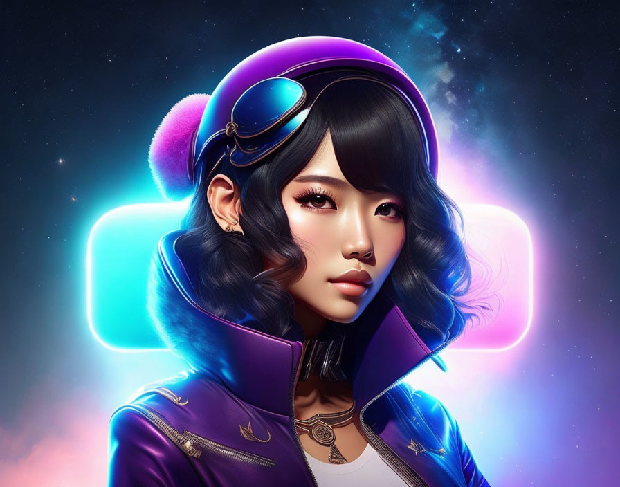 Digital artwork: Dark-haired woman in purple jacket on neon-lit cosmic backdrop