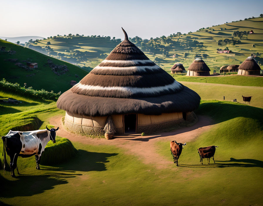 Traditional Thatched-Roof Huts in Pastoral Scene