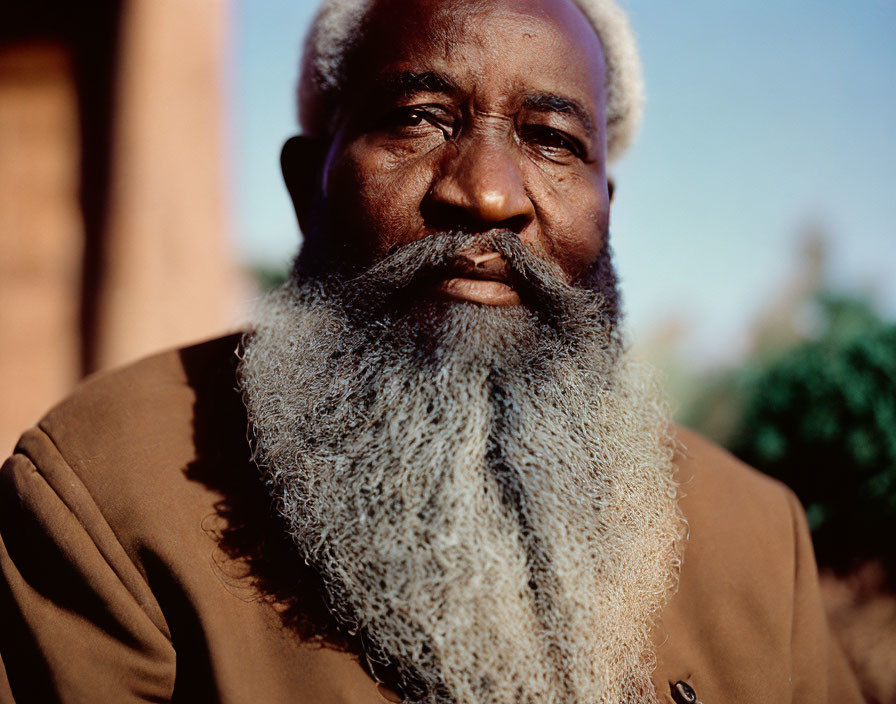 Gray-bearded man with deep-set eyes in dignified pose.