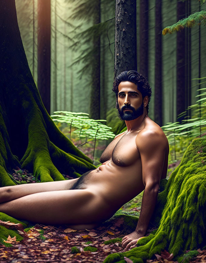 Bearded man sitting by tree in forest with light filtering through trees