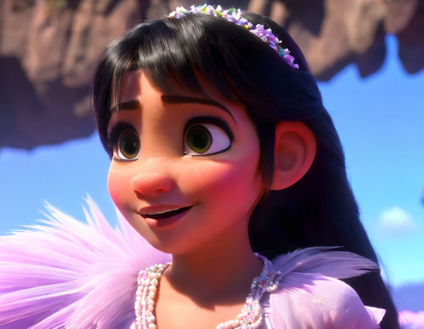 Close-up of smiling animated girl with big eyes, long eyelashes, and flowers in hair wearing pink