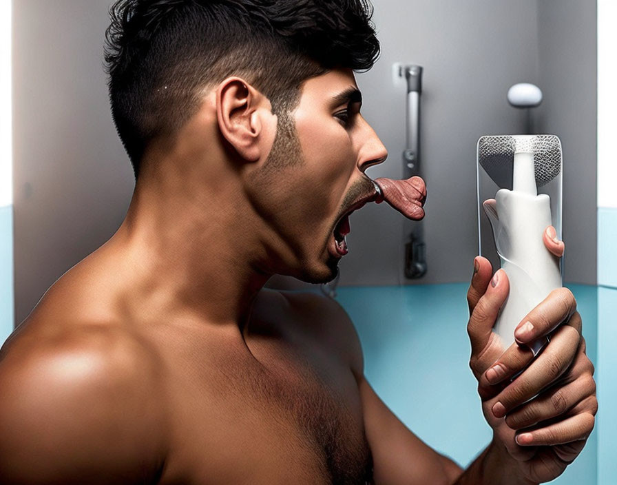 Man using handheld breath analyzer in bathroom scene