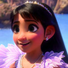 Close-up of smiling animated girl with big eyes, long eyelashes, and flowers in hair wearing pink