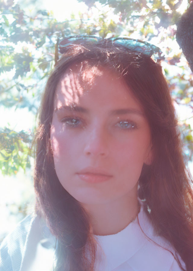 Woman with Sunglasses Posing under Blossoming Tree in Soft Sunlight