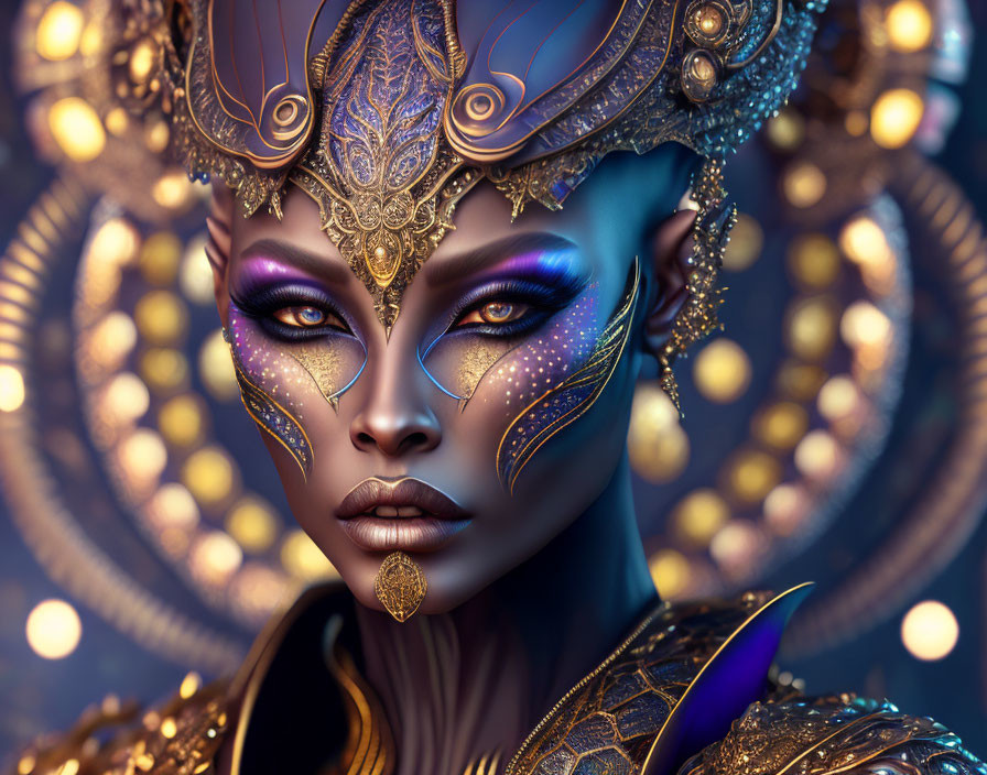 Digital artwork: Blue-skinned woman with golden headdress and armor in glowing circle backdrop