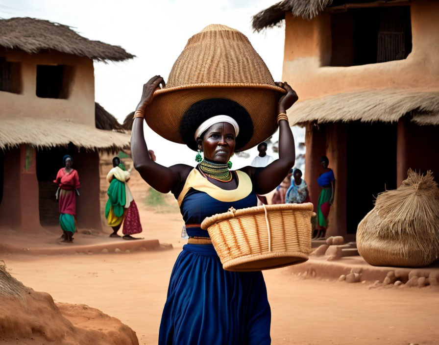 African woman in traditional clothing with baskets in village setting