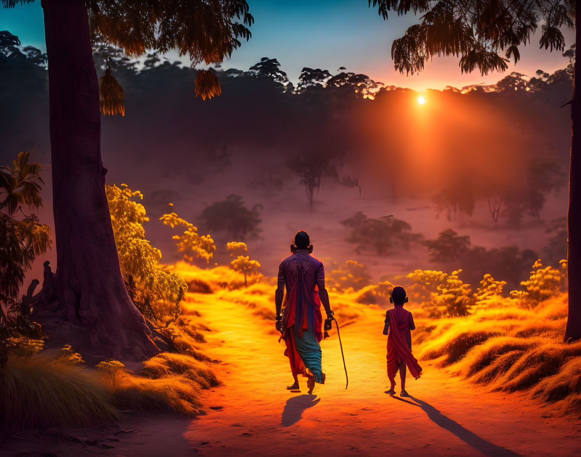 Adult and child walking in vibrant orange landscape at sunset