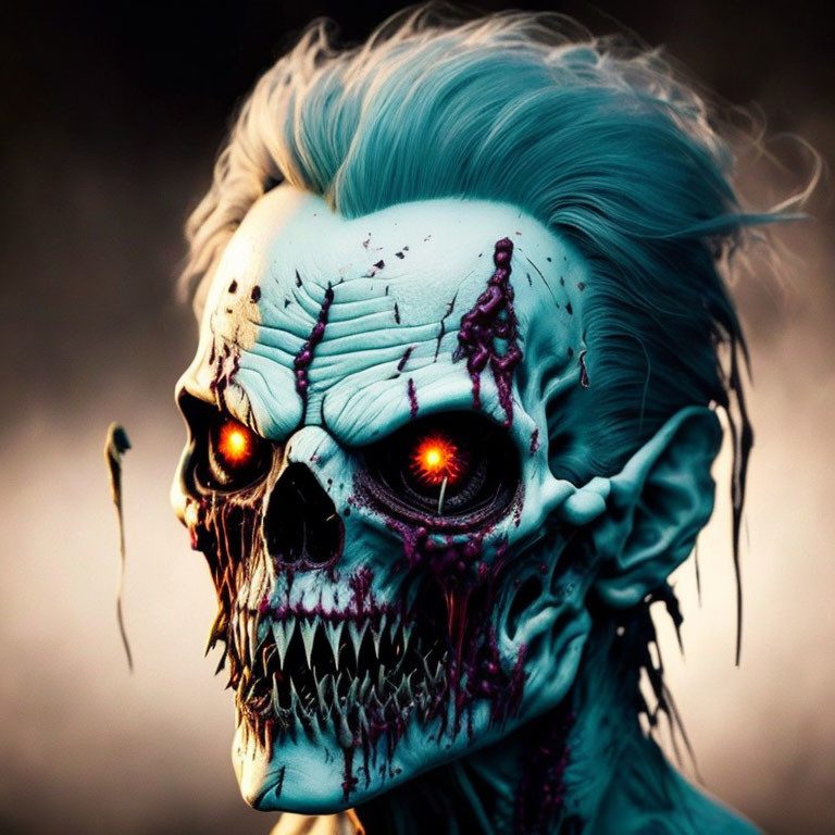 Colorful Skull Artwork with Blue Hair and Red Eyes