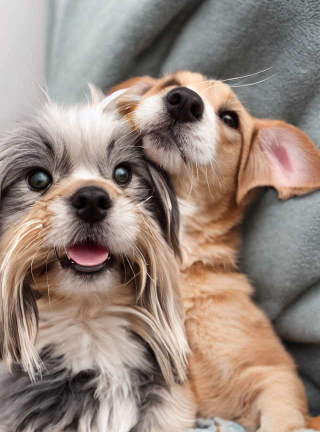 Fluffy grey and tan dog snuggling with tan puppy