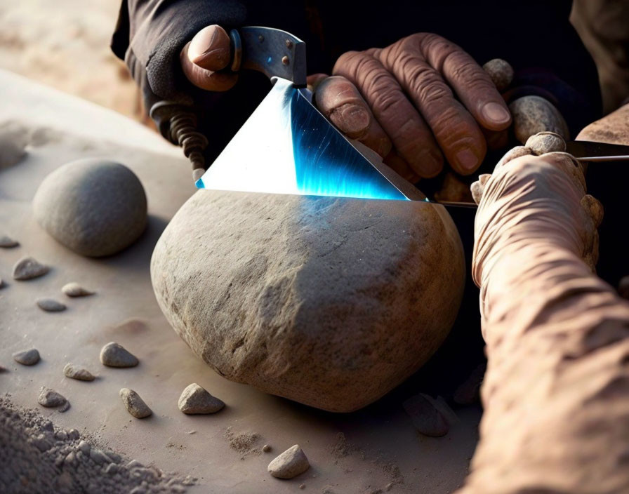 Person cutting rock with blue flame tool among smaller stones on dusty surface