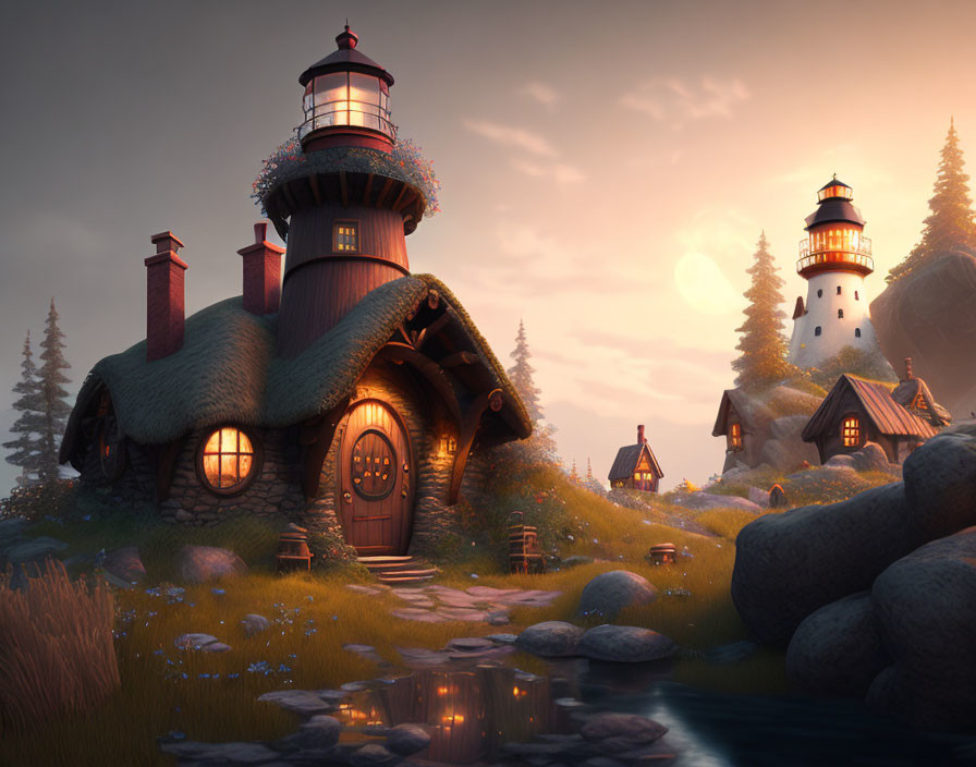 Enchanting fantasy village with lighthouses, trees, and rocks at twilight