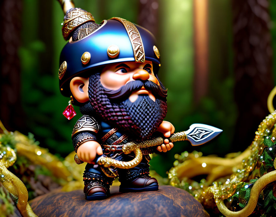 Colorful Bearded Warrior Figurine in Ornate Armor with Sword on Rock