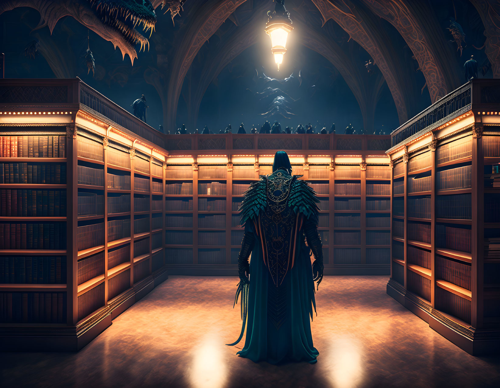 Person in Turquoise Cloak in Grand Library with Flying Creatures