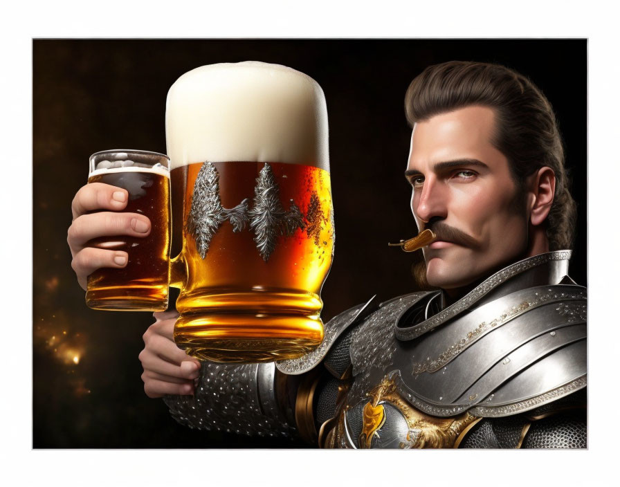 Knight in shining armor with beer mug and cigar portrait.