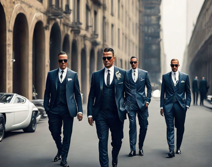 Four Men in Stylish Suits Walking in City Street with Vintage Car