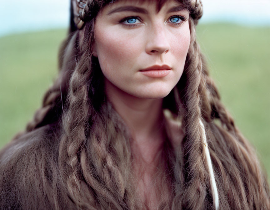 Portrait of Woman with Blue Eyes and Braided Brown Hair in Headband on Grassy Background