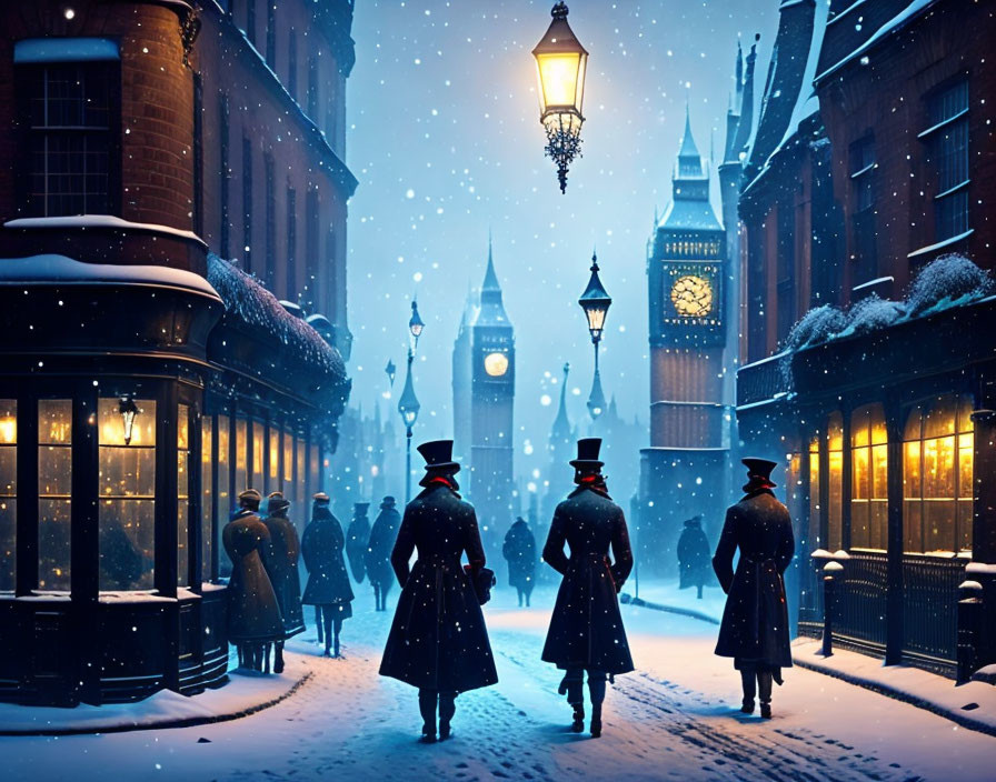 Victorian snowy street scene with period attire and lanterns at night