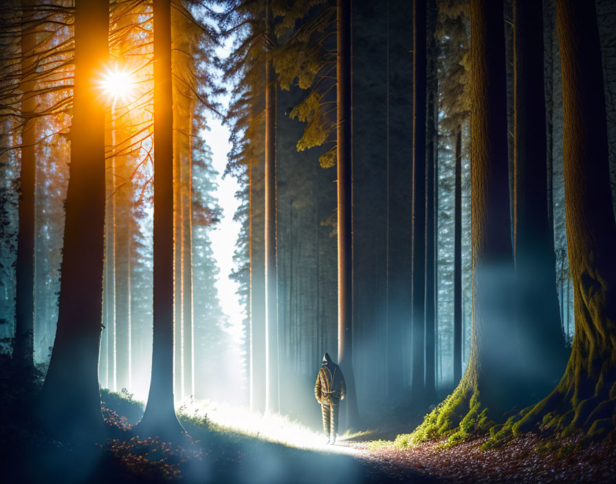 Sunlit misty forest with tall trees and long shadows.