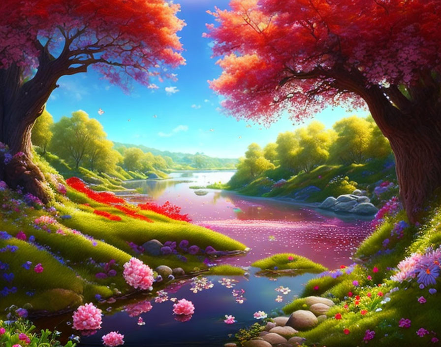 Colorful Fantasy Landscape with Pink and Red Trees, River, Flowers, and Butterflies