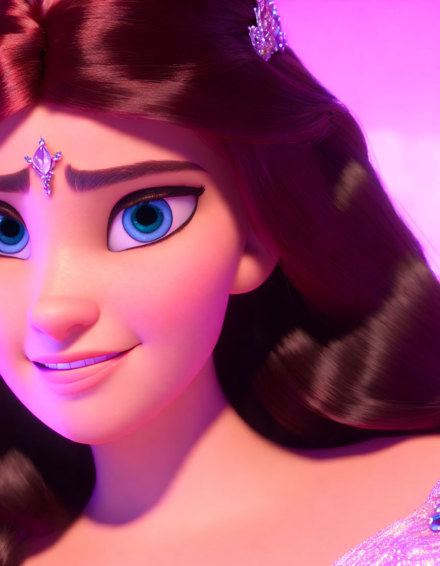 Brown-haired animated princess in pink dress and tiara, blue eyes, pink background