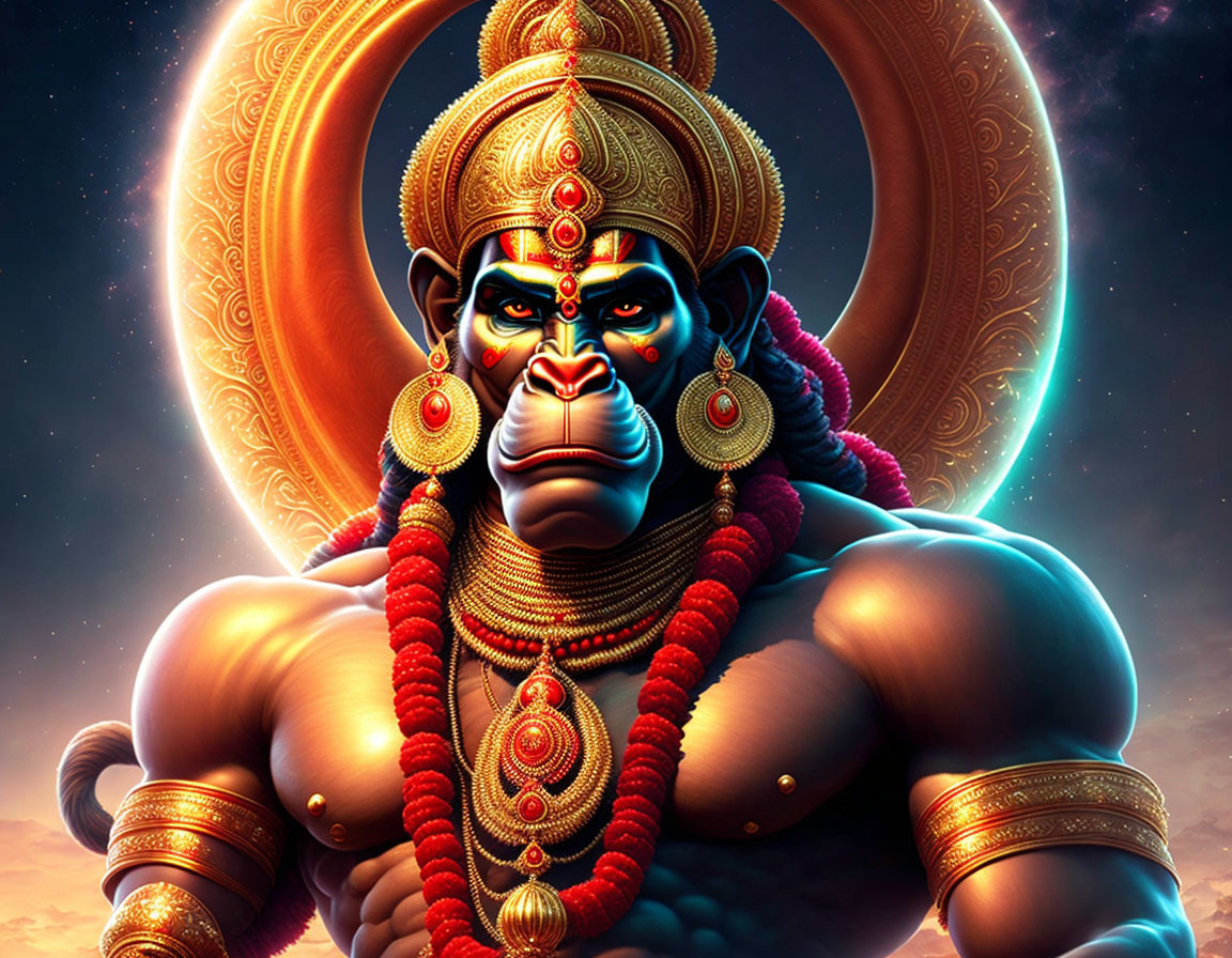 Lord Hanuman digital artwork: muscular build, traditional jewelry, cosmic backdrop.