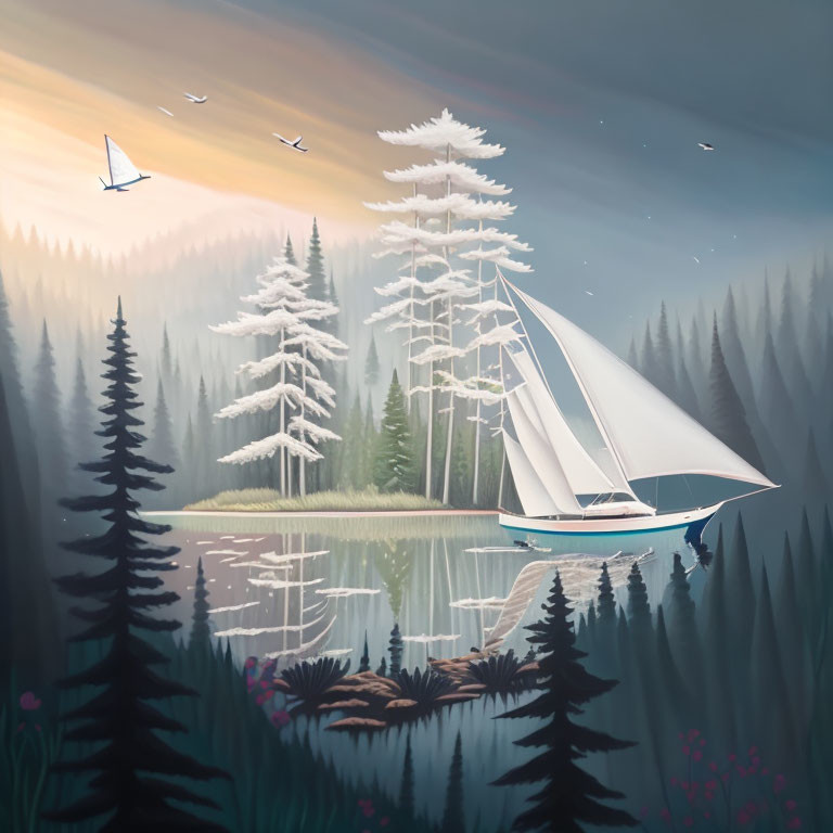 Tranquil sailboat scene on calm lake with foggy forest and snow-capped tree