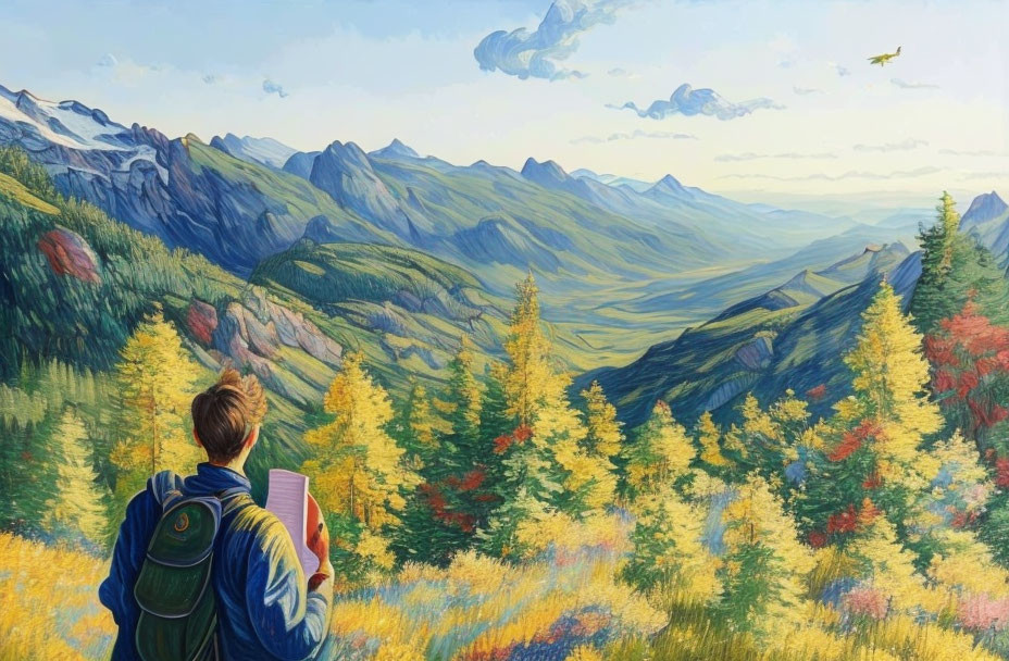 Autumn landscape with person overlooking vibrant valley