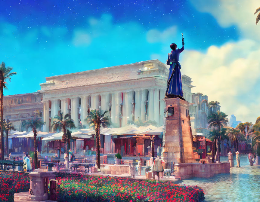 Ancient cityscape with towering statue, columns, palm trees, and starry sky