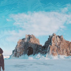 Hiker with backpack in front of snowy mountains and blue sky