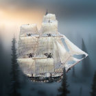 Tranquil sailboat scene on calm lake with foggy forest and snow-capped tree