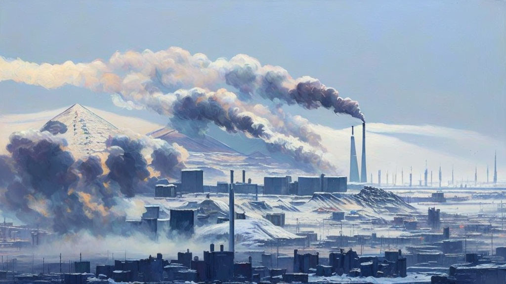 Industrial factories emitting smoke in mountainous landscape