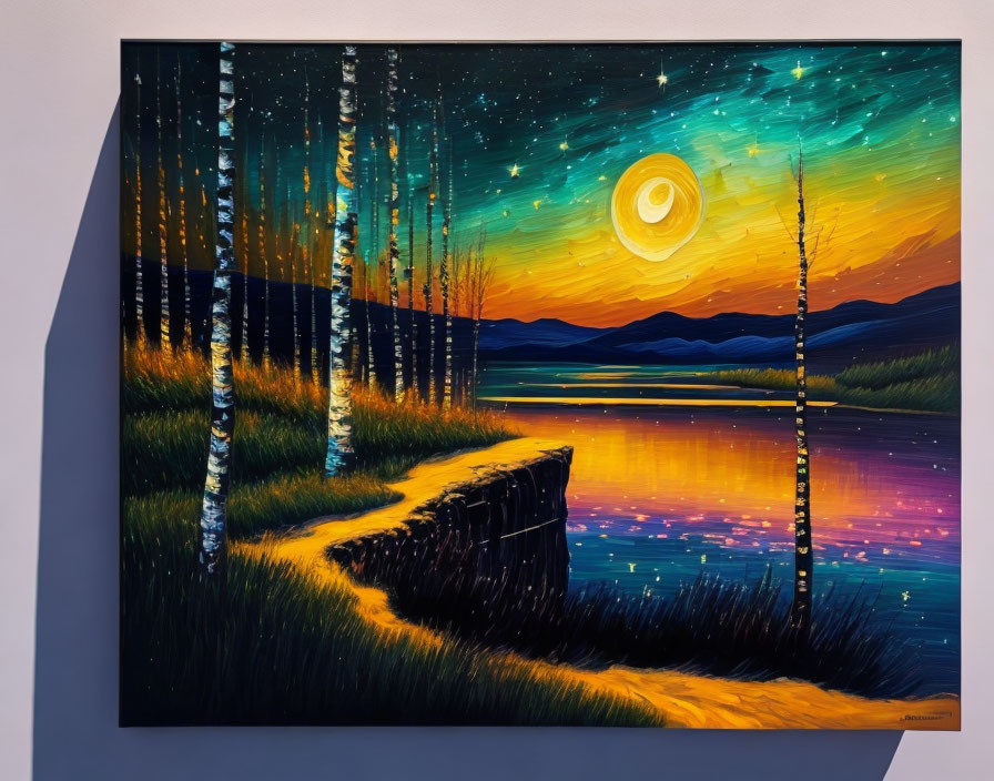 Colorful Starry Night Sky Painting with Yellow Moon Reflecting on Calm Lake