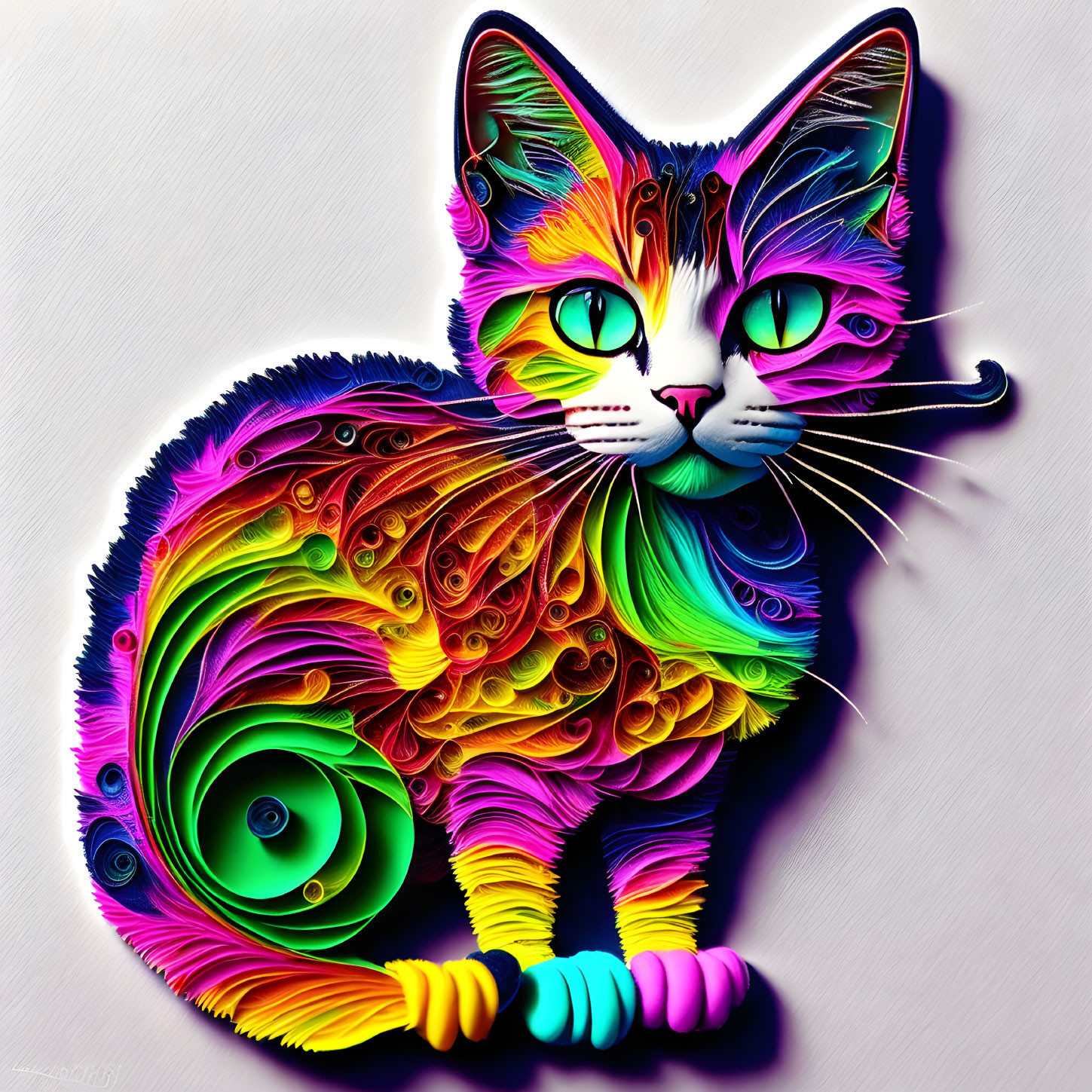 Colorful Digital Artwork Featuring Multicolored Cat with Swirling Tail
