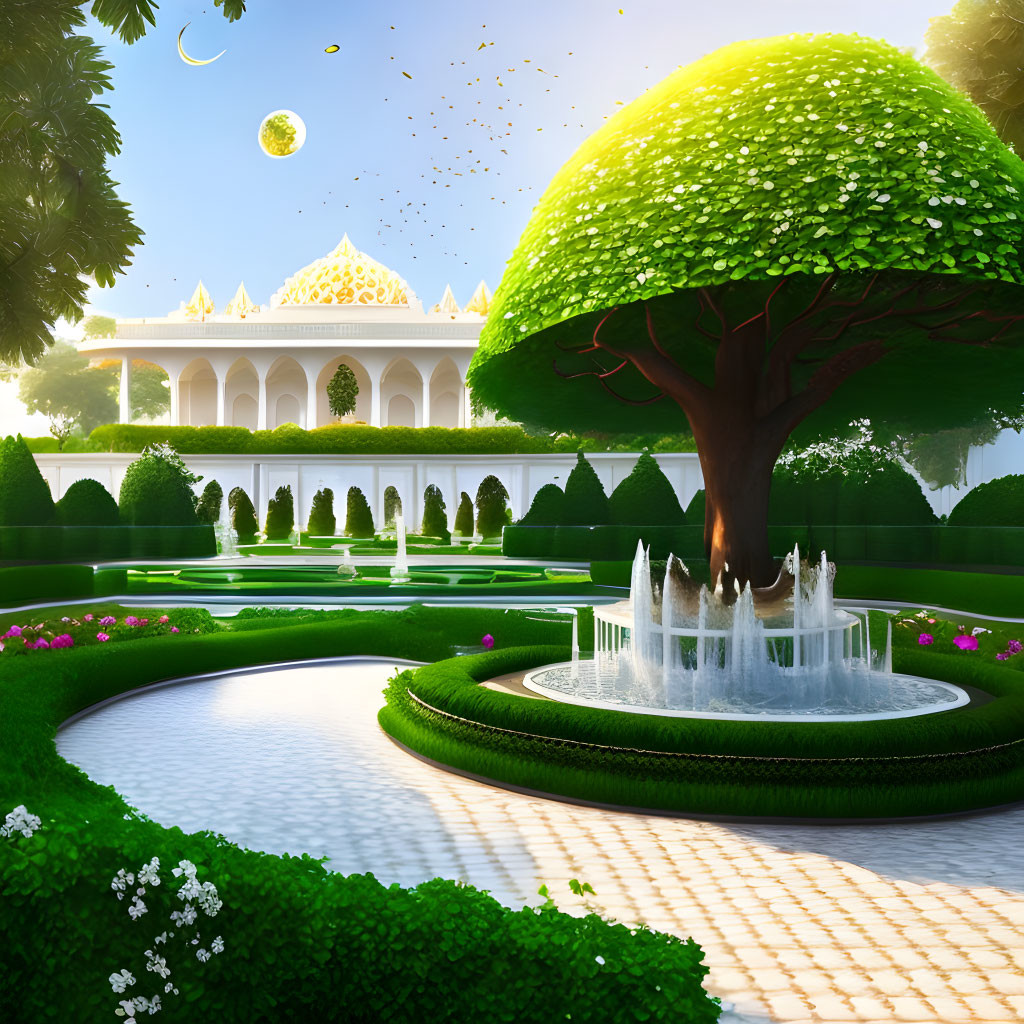 Lush garden with tree, fountains, flowers, palace, and dual moons