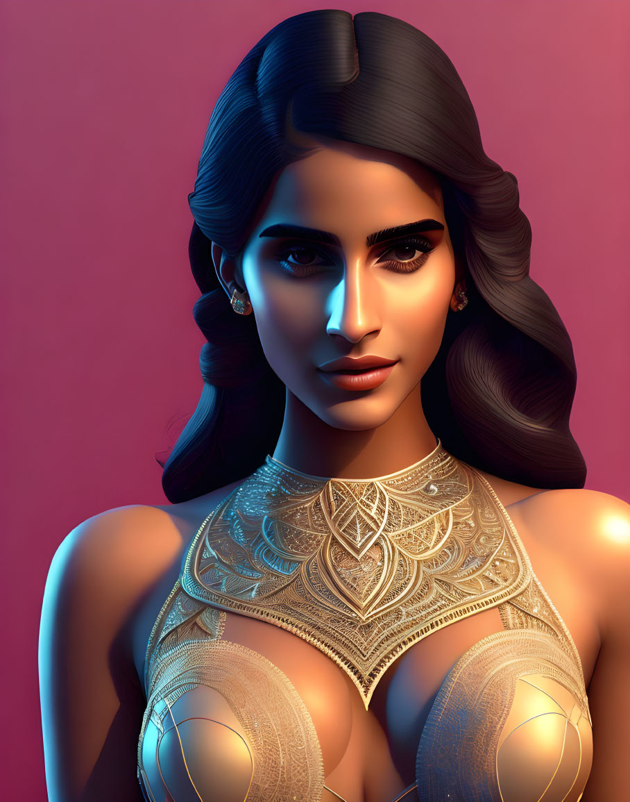 3D rendered portrait of woman with sleek hair and metallic bodice