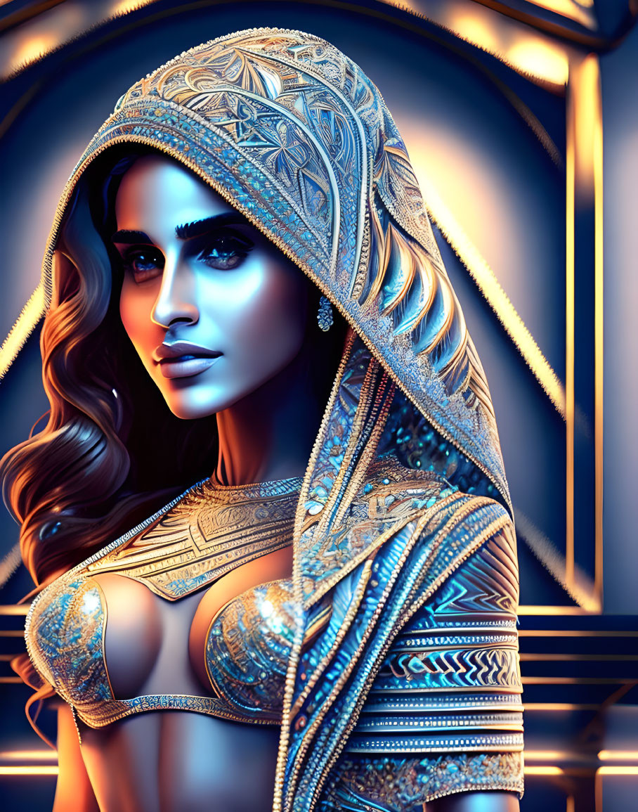 Digital artwork of woman in ornate metallic clothing on glowing blue background