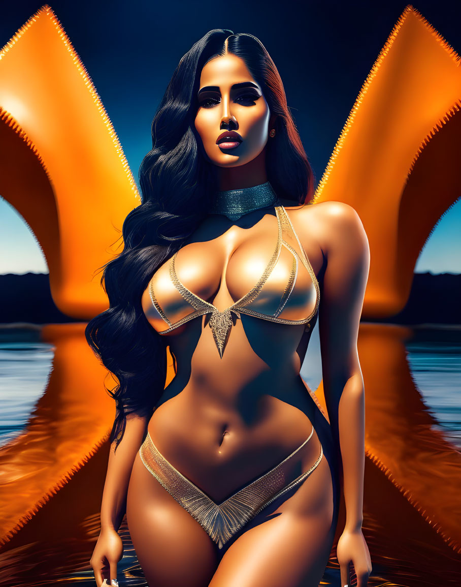Stylized woman in gold bikini standing in surreal orange glow