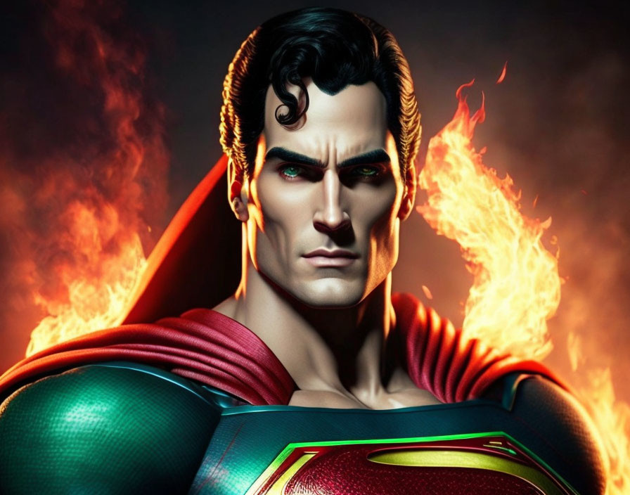 Intense Superman portrait with fiery background and red cape.