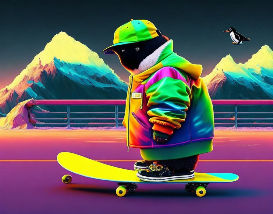 Colorful Jacket & Cap Penguin Skating in Neon Mountain Scene