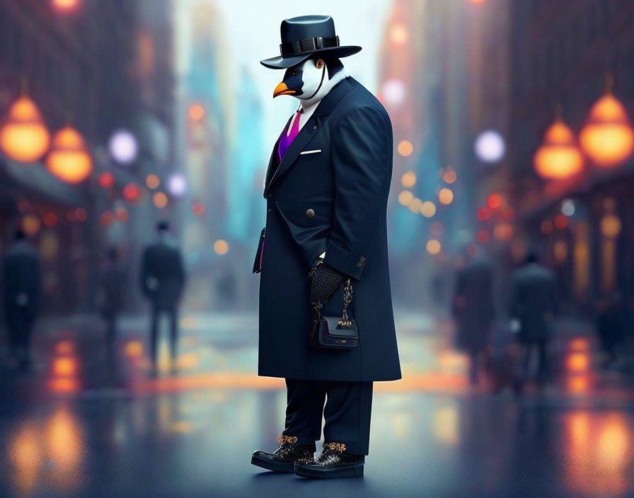 Anthropomorphic penguin in suit, hat, and monocle in vibrant city setting