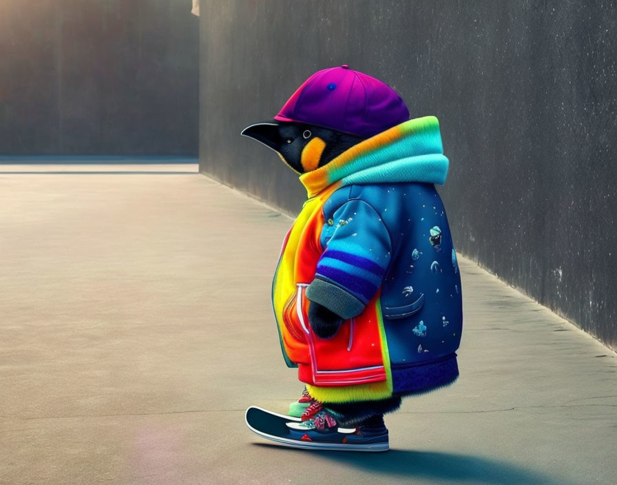 Urban Penguin Skateboarding in Colorful Attire