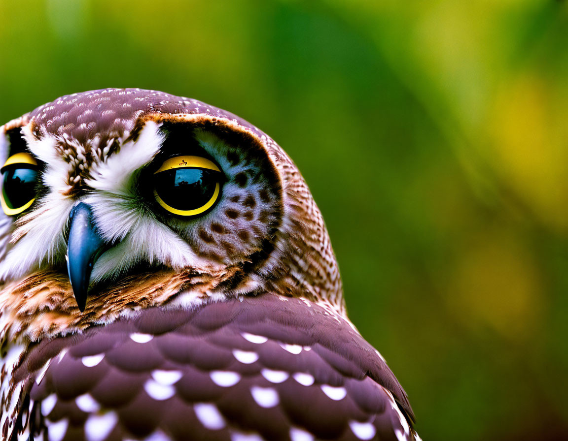 Brown Owl with White Spots and Yellow Eyes in Green Background