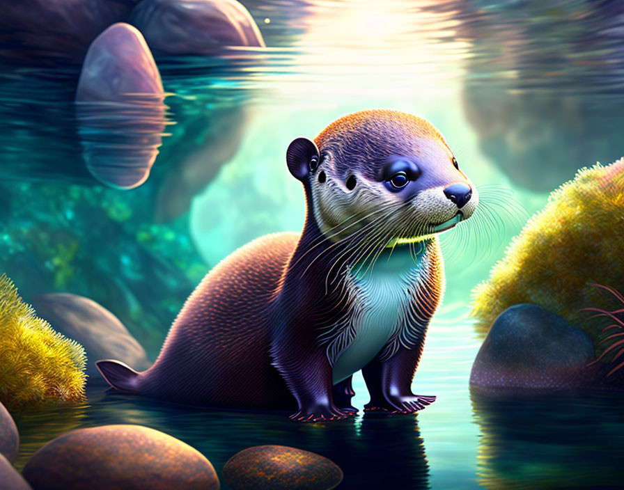 Stylized otter illustration by river with vibrant foliage