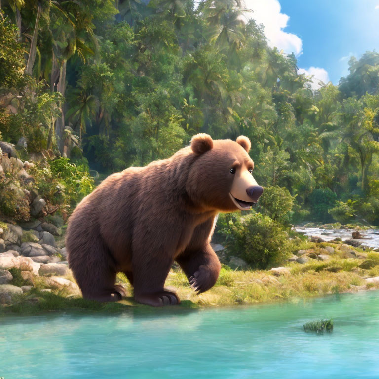 Brown Bear Illustration in Forest River Setting